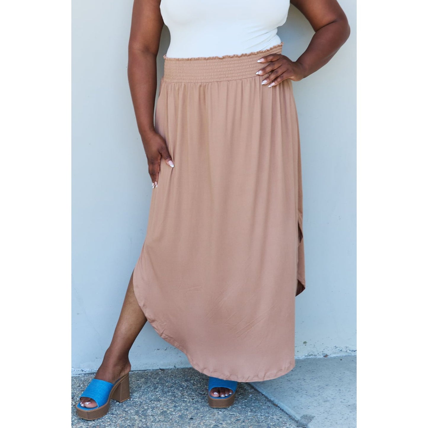 Doublju Comfort Princess Full Size High Waist Scoop Hem Maxi Skirt in Tan