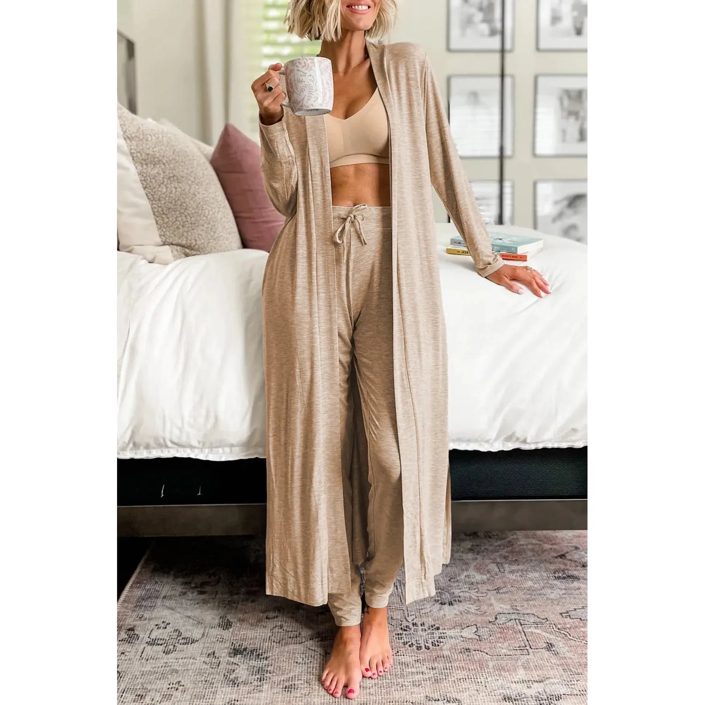 Open Front Long Sleeve Cardigan and Pants Lounge Set