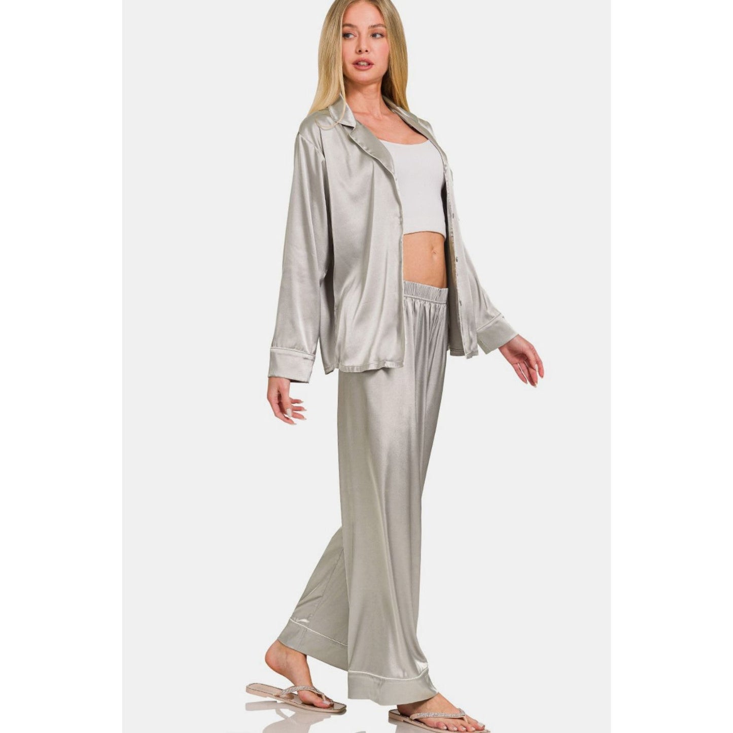 Zenana Satin Long Sleeve Shirt and Pants Pajama Set