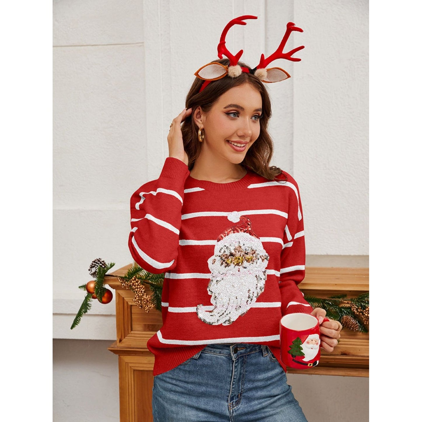 Sequin Santa Striped Round Neck Long Sleeve Sweater