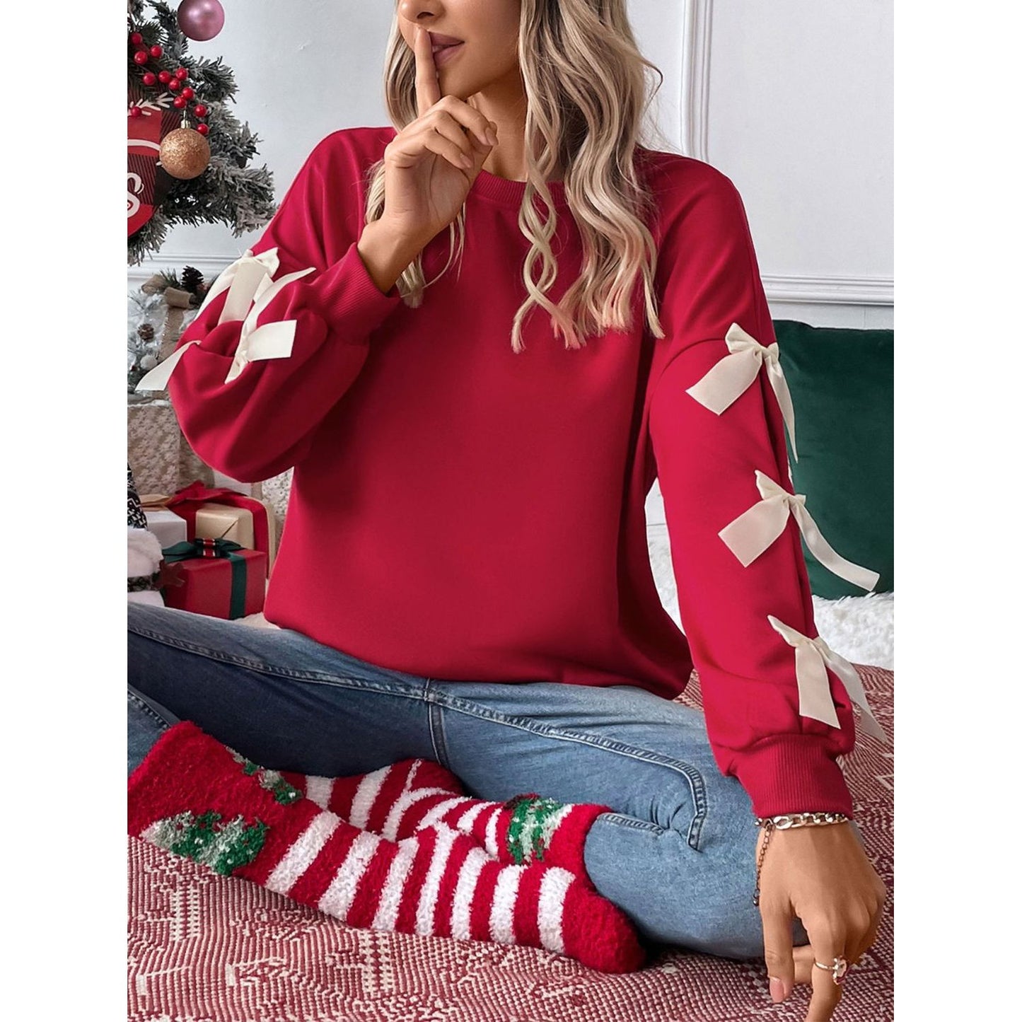 Perfee Bow Round Neck Long Sleeve Sweatshirt