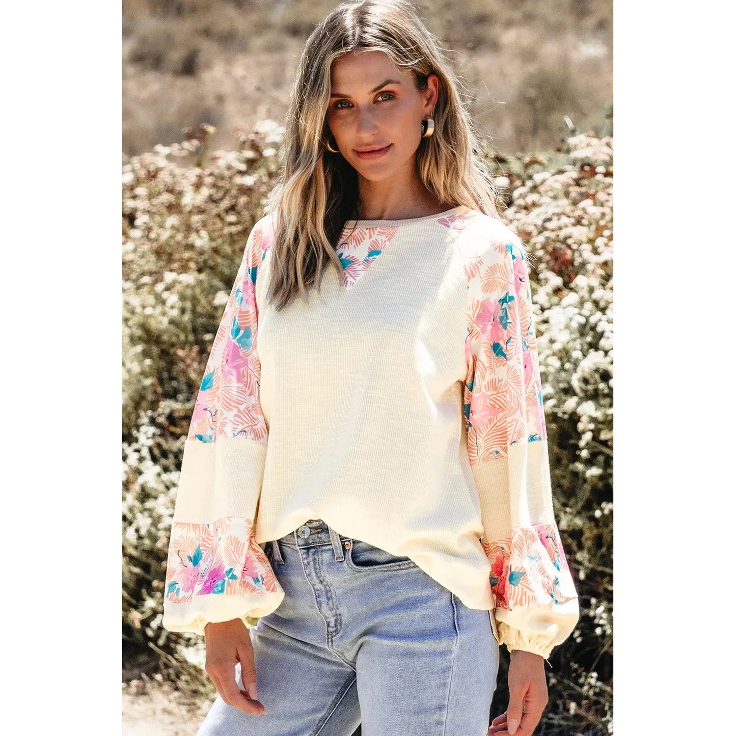 Printed Round Neck Balloon Sleeve Blouse