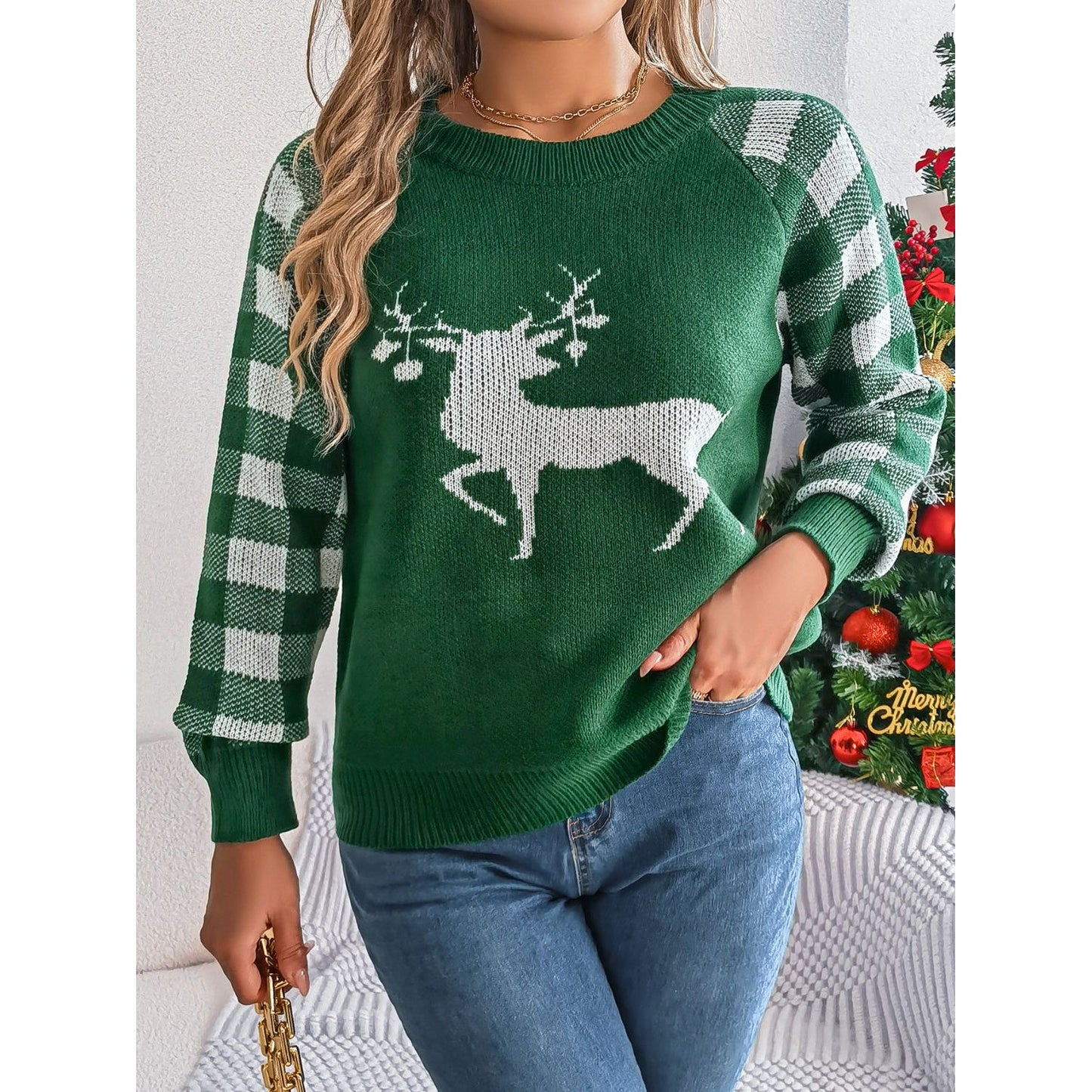 Reindeer Plaid Round Neck Long Sleeve Sweater