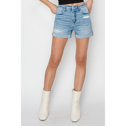 RISEN Distressed Mid-Rise Waist Denim Shorts