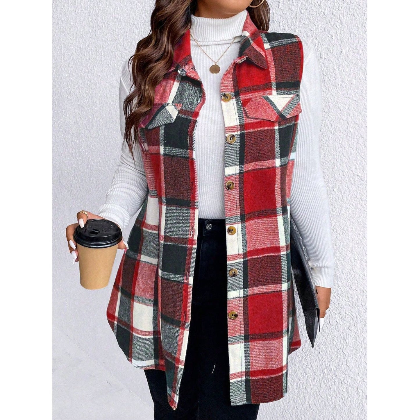 Honey Plus Size Pocketed Plaid Button Up Vest Coat