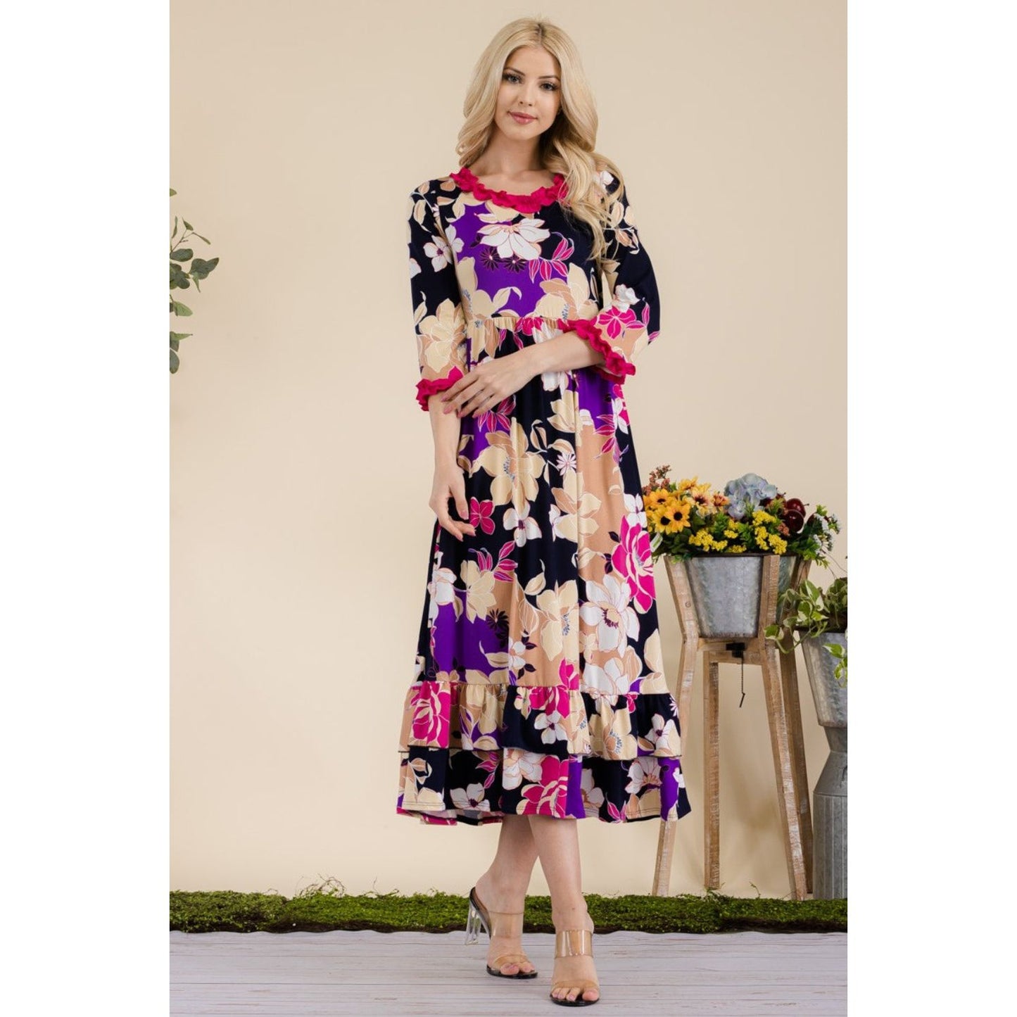 Celeste Full Size Floral Ruffled Midi Dress