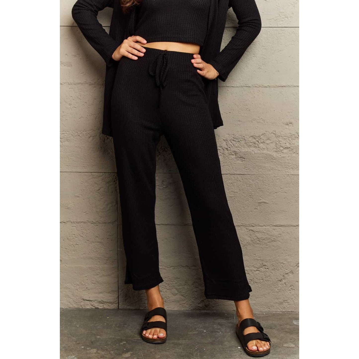 Ninexis Full Size Cropped Top, Long Pants and Cardigan Lounge Set