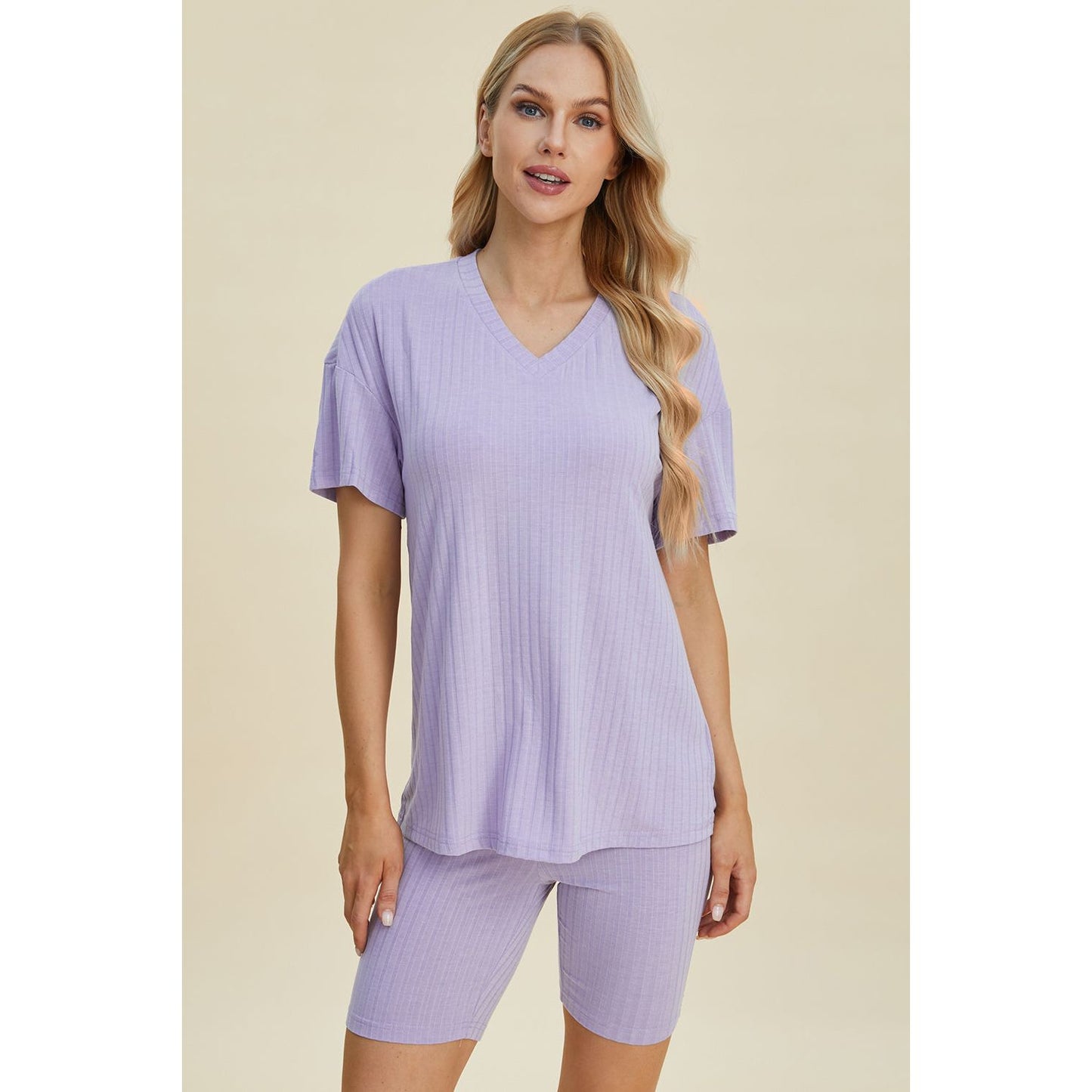 Basic Bae Full Size Ribbed V-Neck Short Sleeve Top and Shorts Set