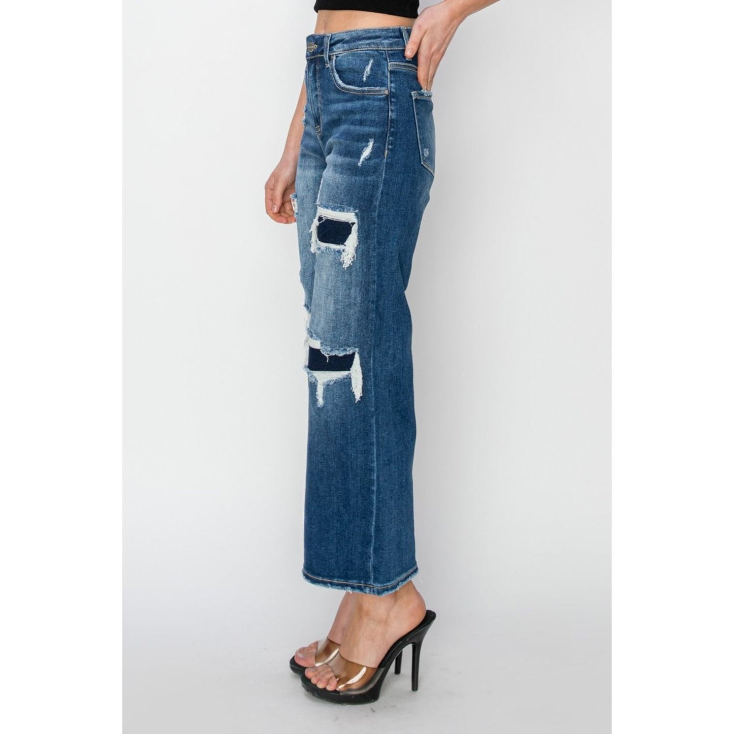 Risen Full Size High Rise Patch Detailed Wide Leg Crop Jeans