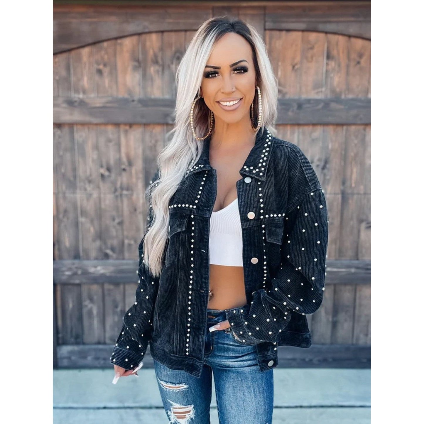 Studded Collared Neck Button Down Jacket