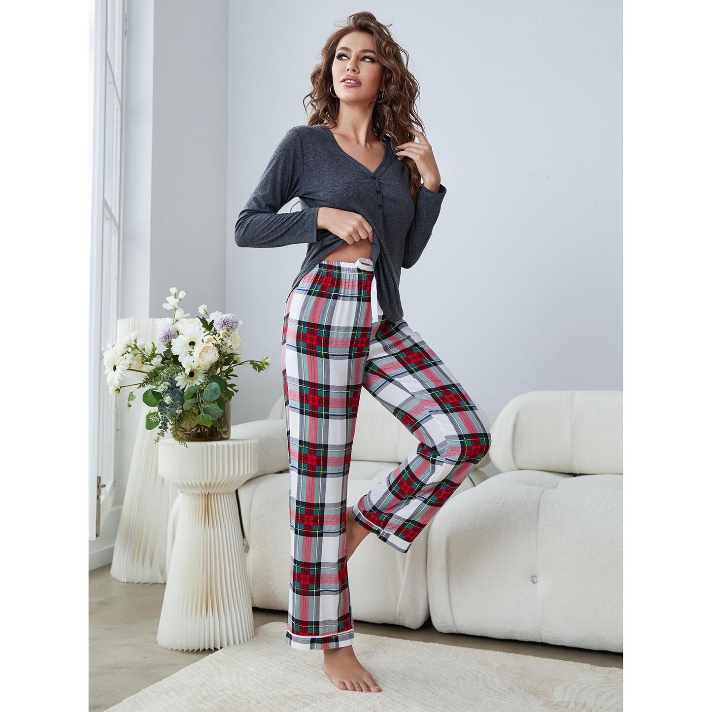 Buttoned Long Sleeve Top and Plaid Pants Lounge Set