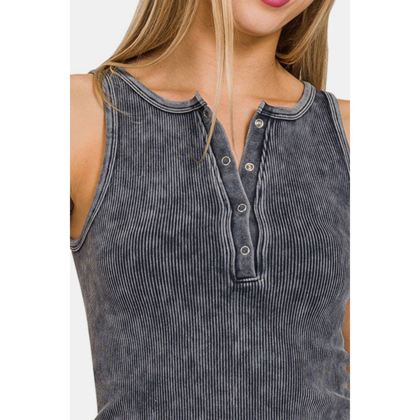 Zenana Washed Ribbed Half Snap Seamless Tank