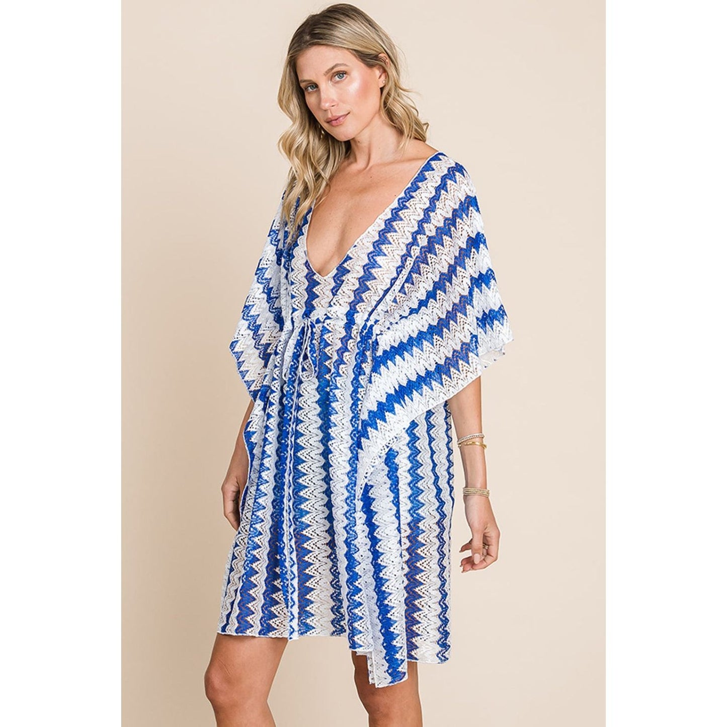 Cotton Bleu by Nu Lab Tied Striped Plunge Half Sleeve Cover-Up