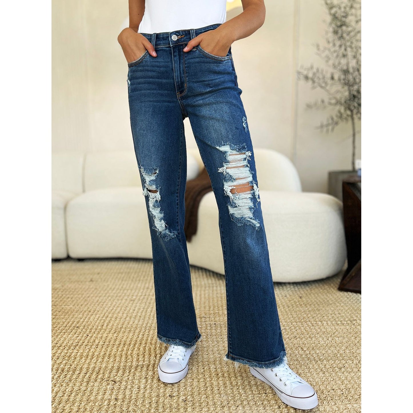 Judy Blue Full Size Mid Rise Distressed Raw Hem Jeans