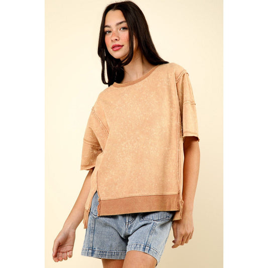 VERY J Round Neck Exposed Seam Slit T-Shirt