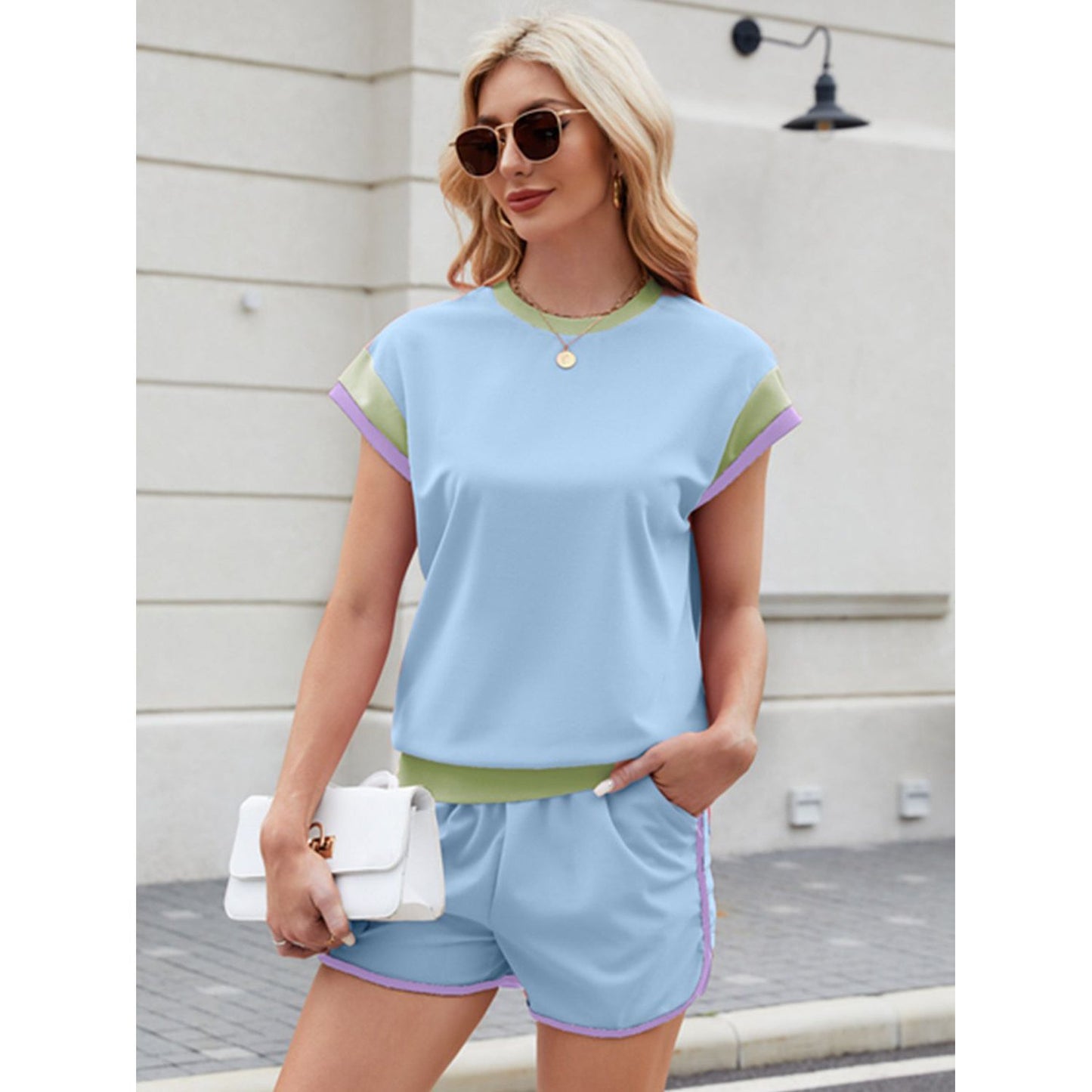 Contrast Round Neck Top and Shorts Set