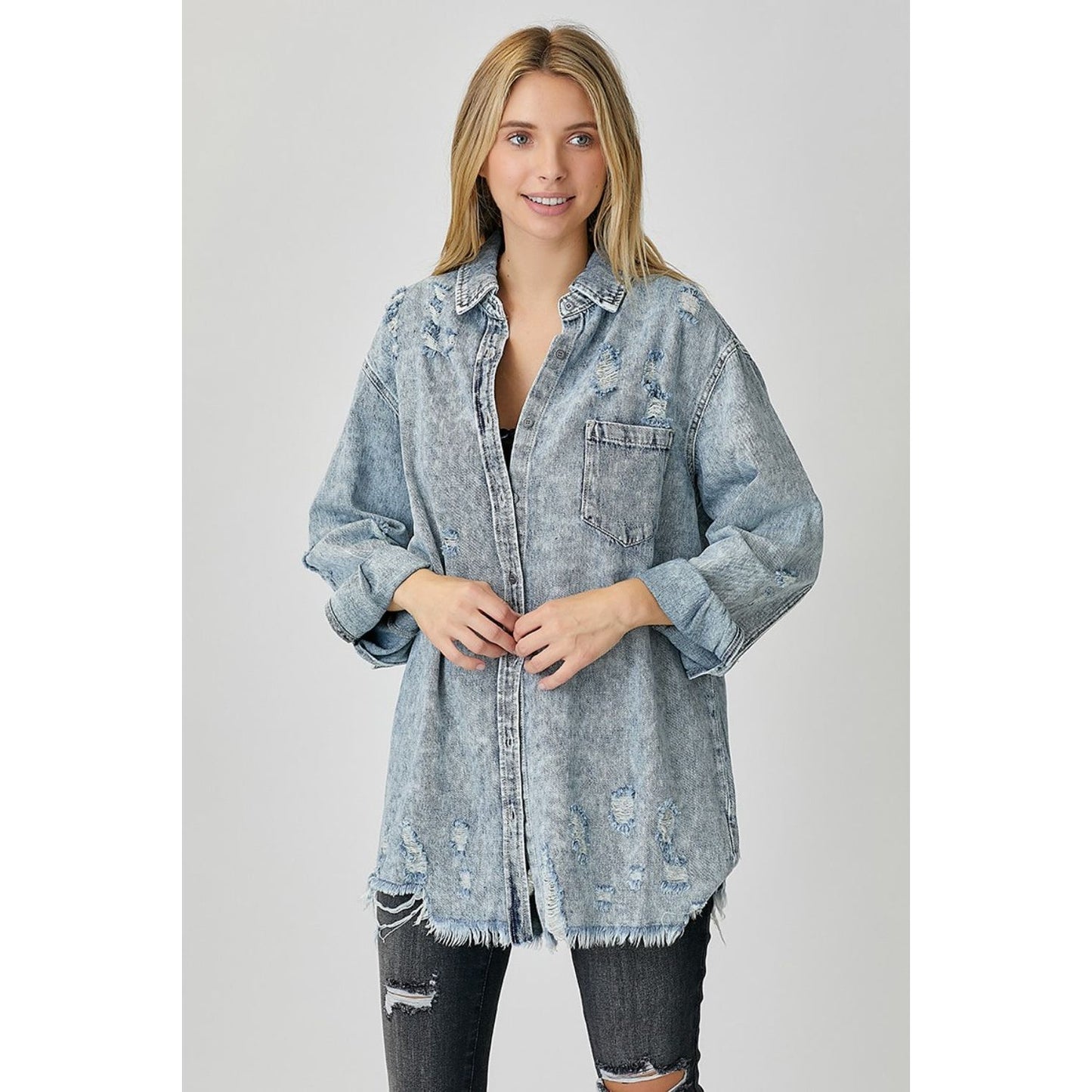 RISEN Distressed Raw Hem Denim Shirt