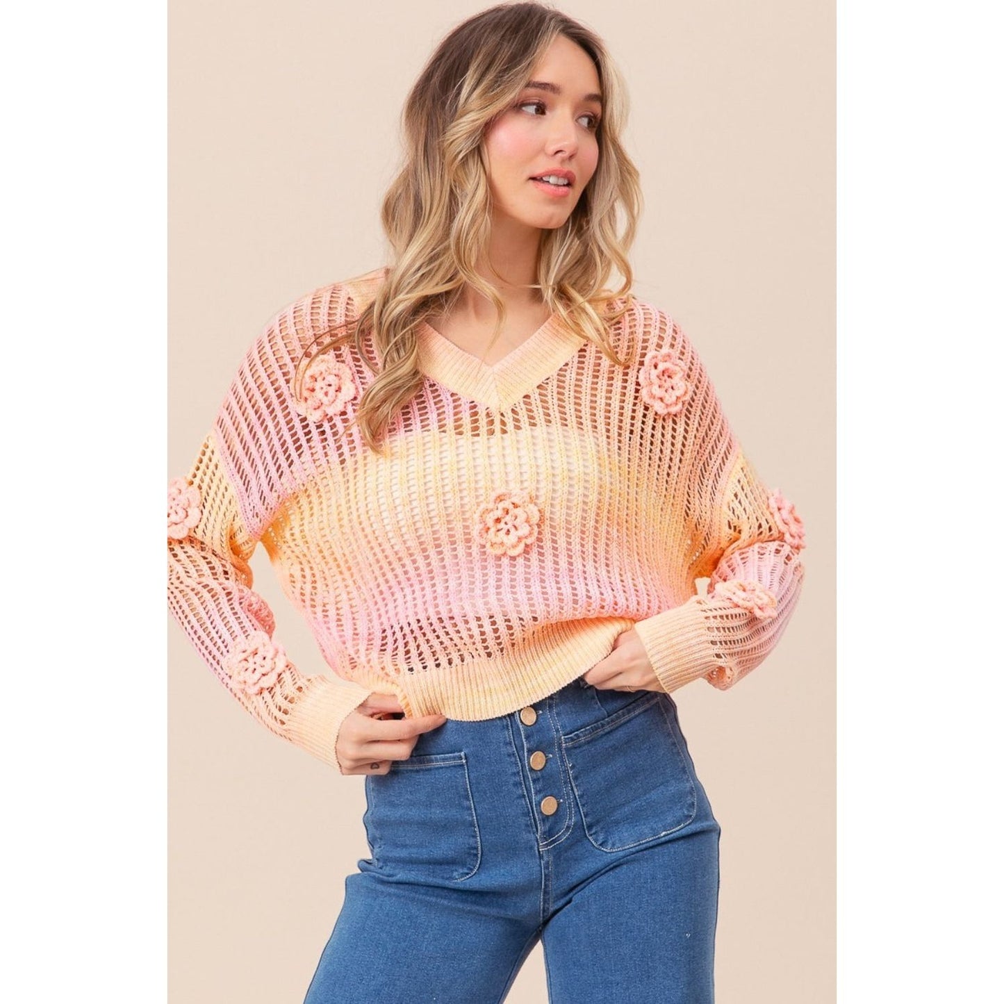 BiBi Ombre Crochet Flower Knit Top