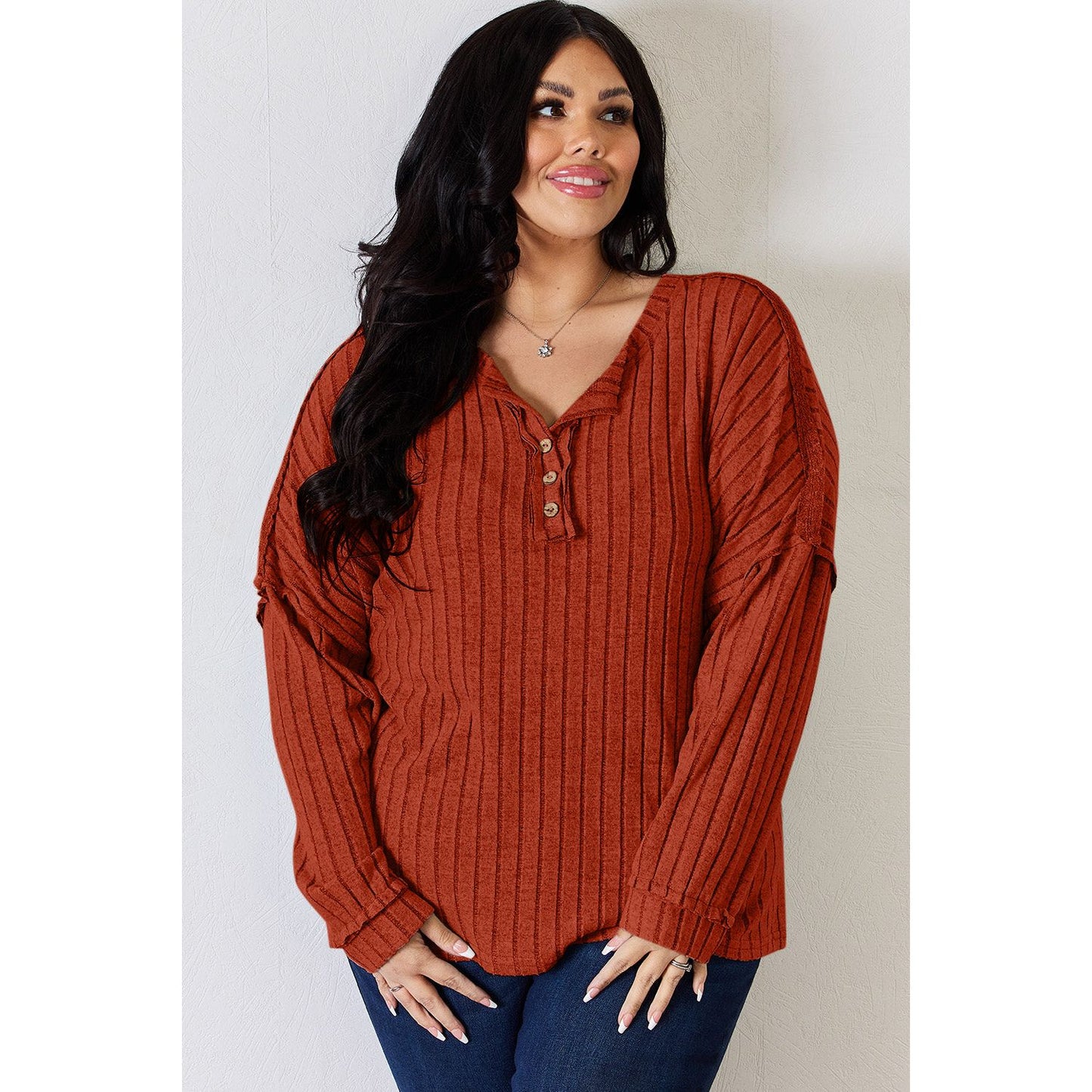 Basic Bae Full Size Ribbed Half Button Long Sleeve T-Shirt