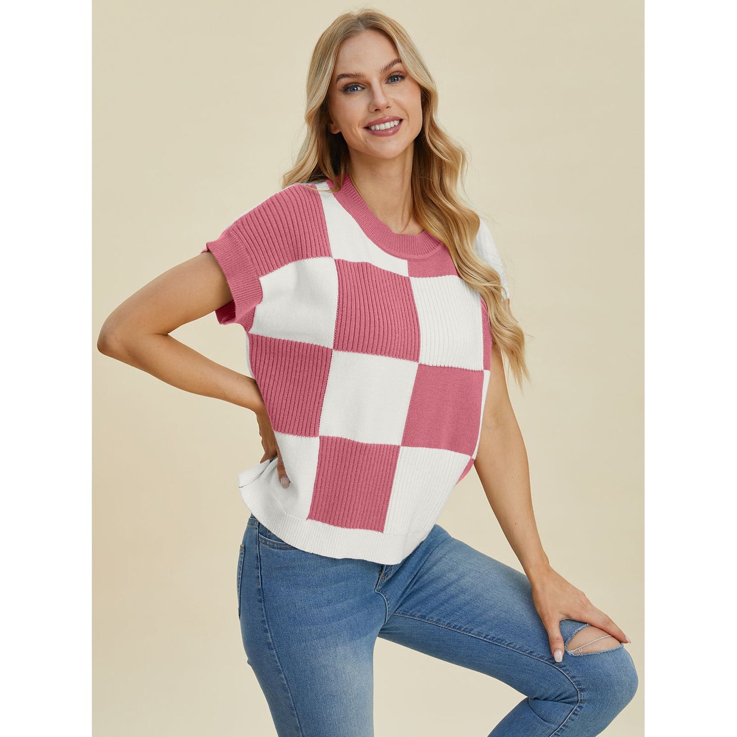 Double Take Full Size Checkered Round Neck Short Sleeve Sweater