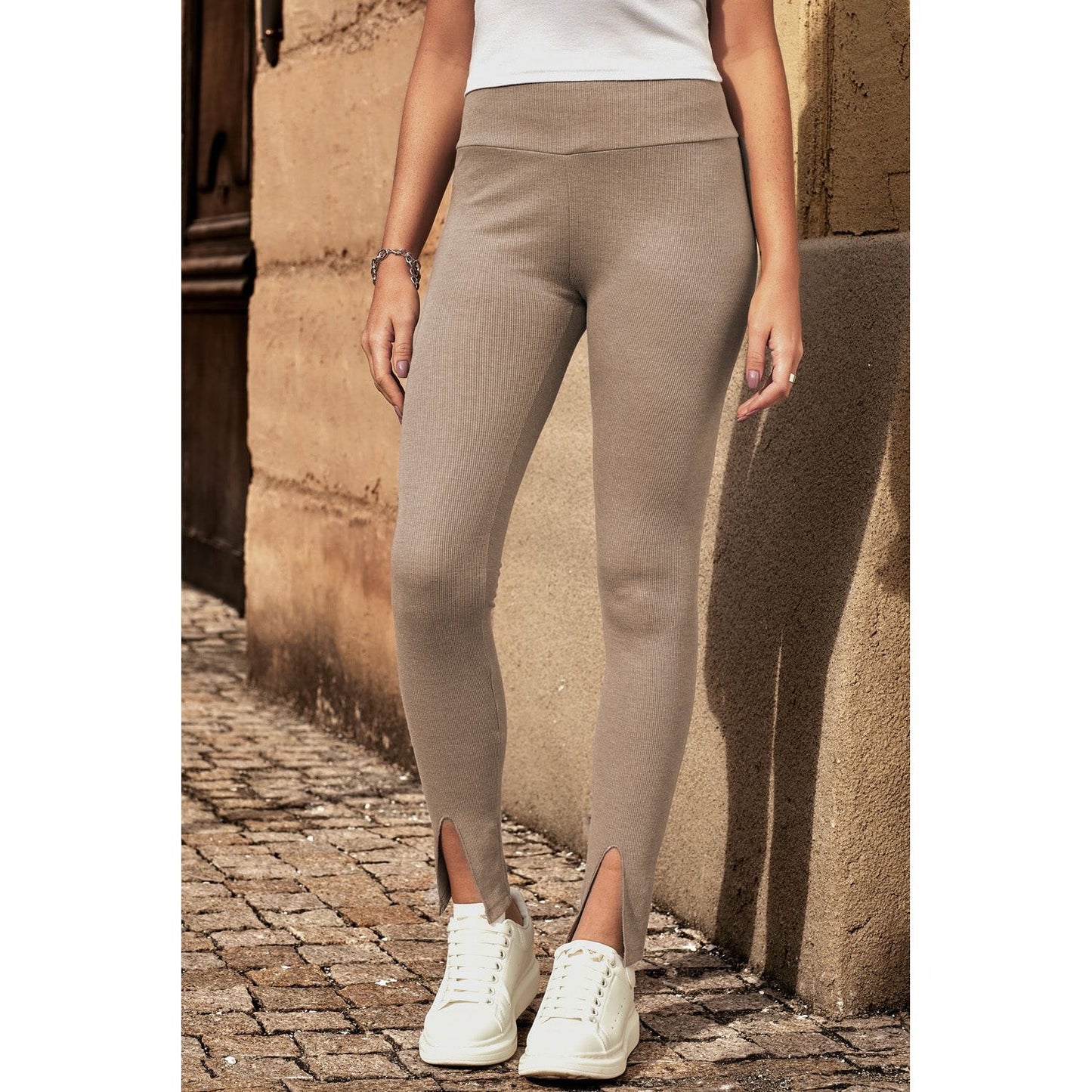 High Waist Ribbed Slit Leggings