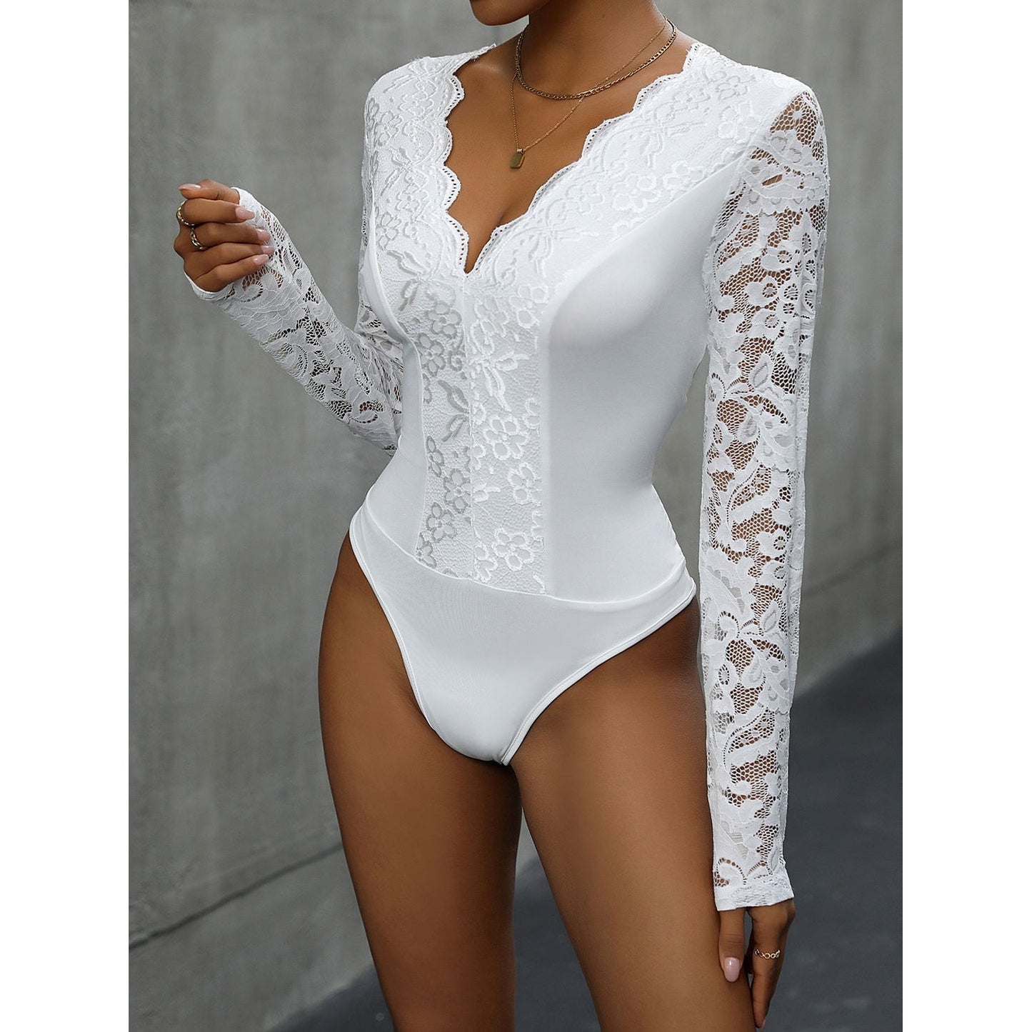 Perfee V-Neck Long Sleeve Lace Bodysuit