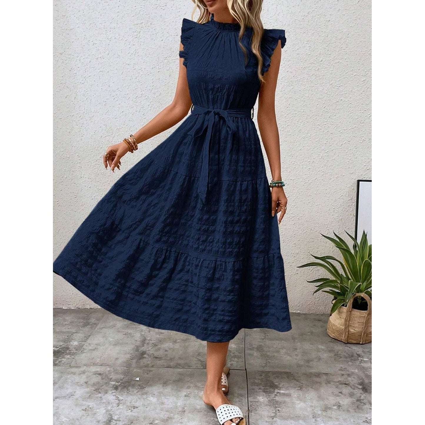 Tied Ruffled Cap Sleeve Midi Dress