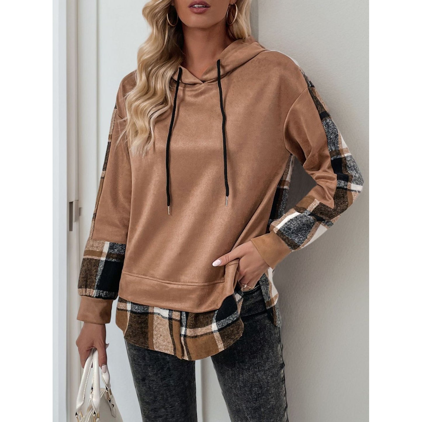 Perfee Drawstring Slit Plaid Long Sleeve Hoodie