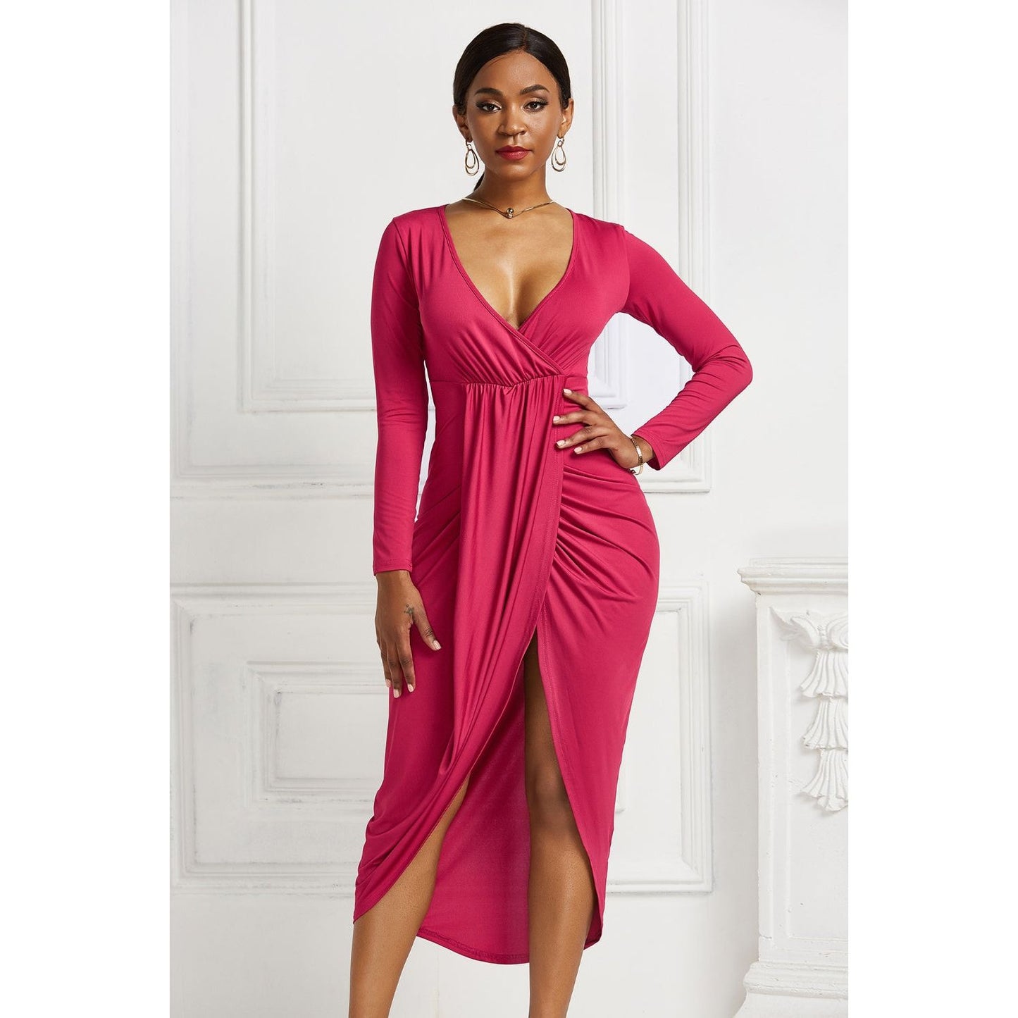 High-low Ruched Surplice Long Sleeve Dress