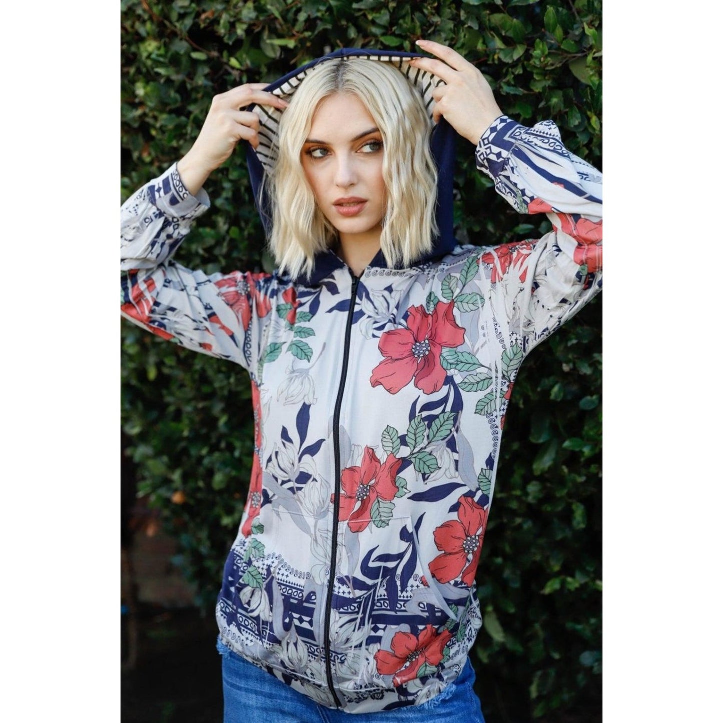 Blumin Apparel Full Size Floral Zip Up Hoodie