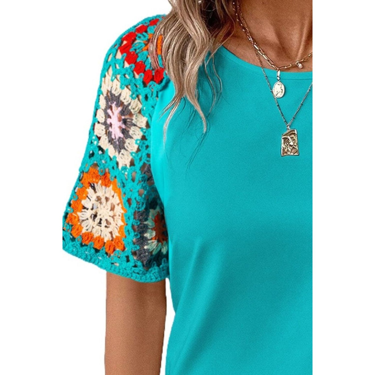 Geometric Round Neck Short Sleeve Blouse