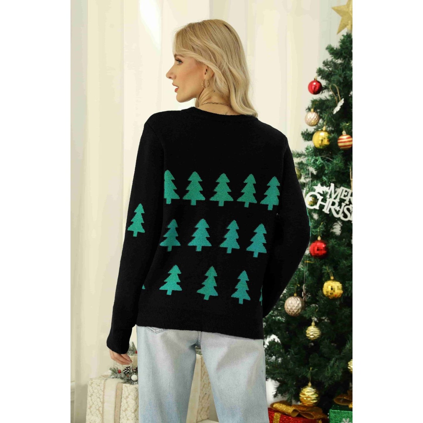 Christmas Tree Round Neck Ribbed Trim Sweater