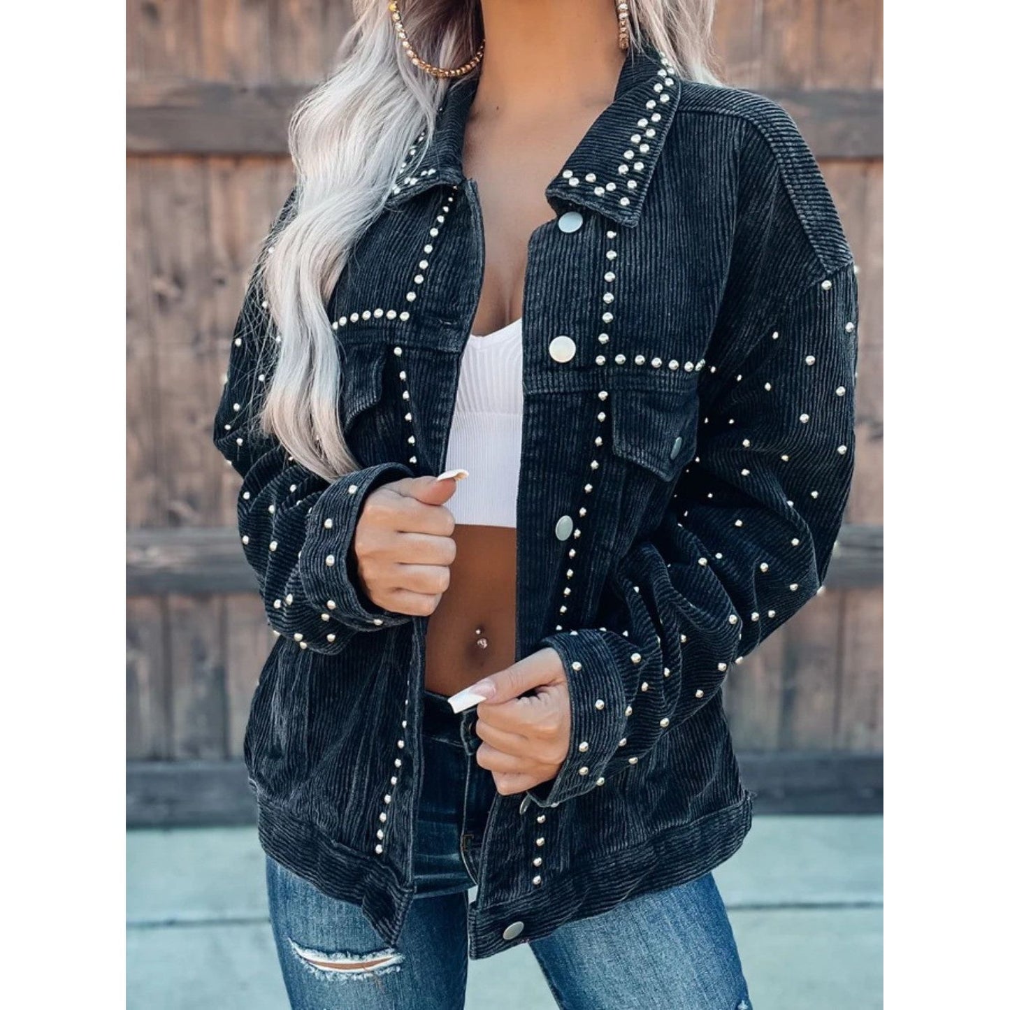 Studded Collared Neck Button Down Jacket