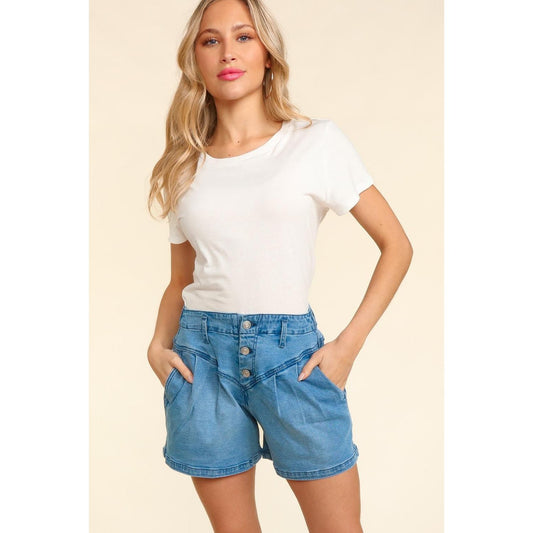 Haptics High Rise Button Fly Washed Denim Shorts