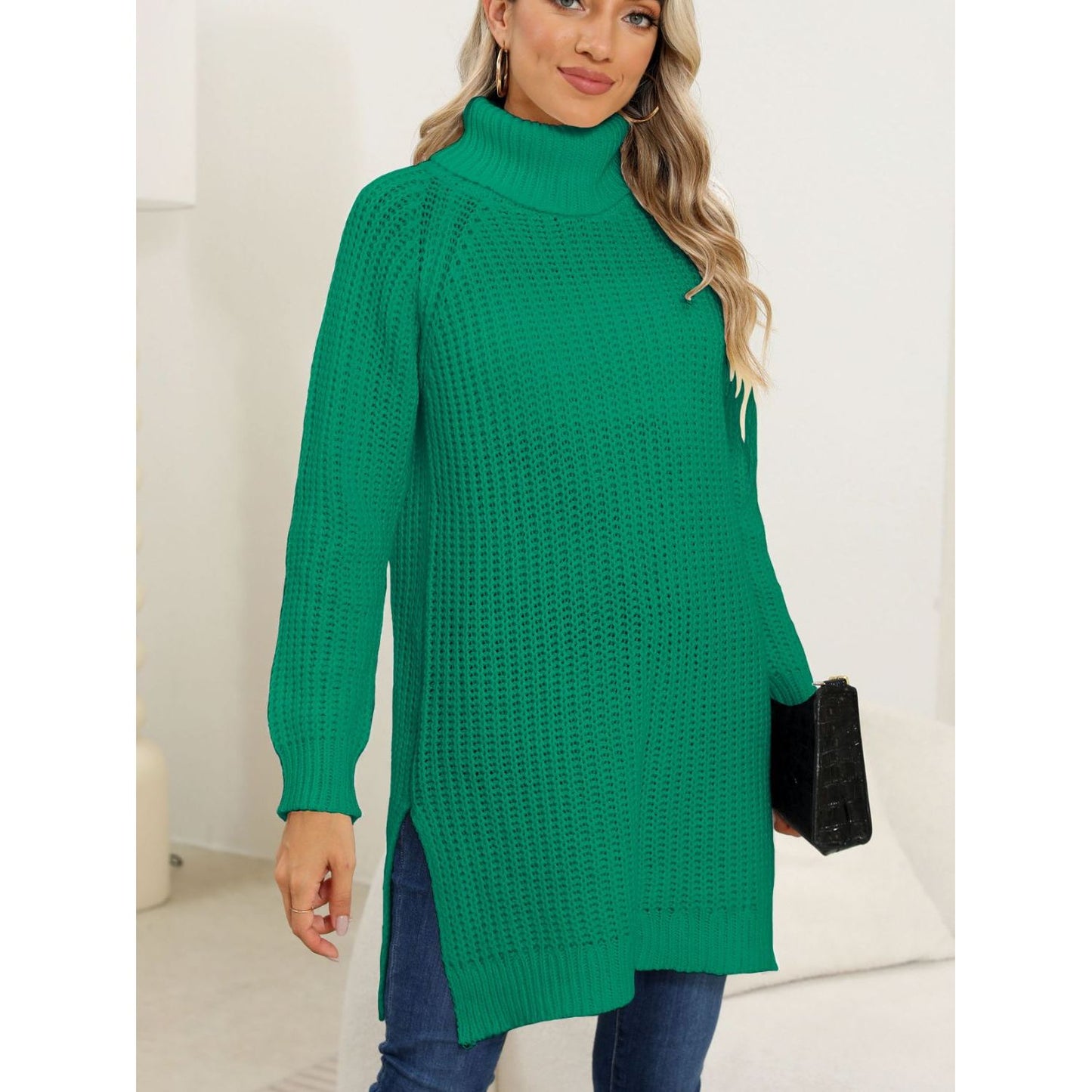 Slit Turtleneck Long Sleeve Sweater