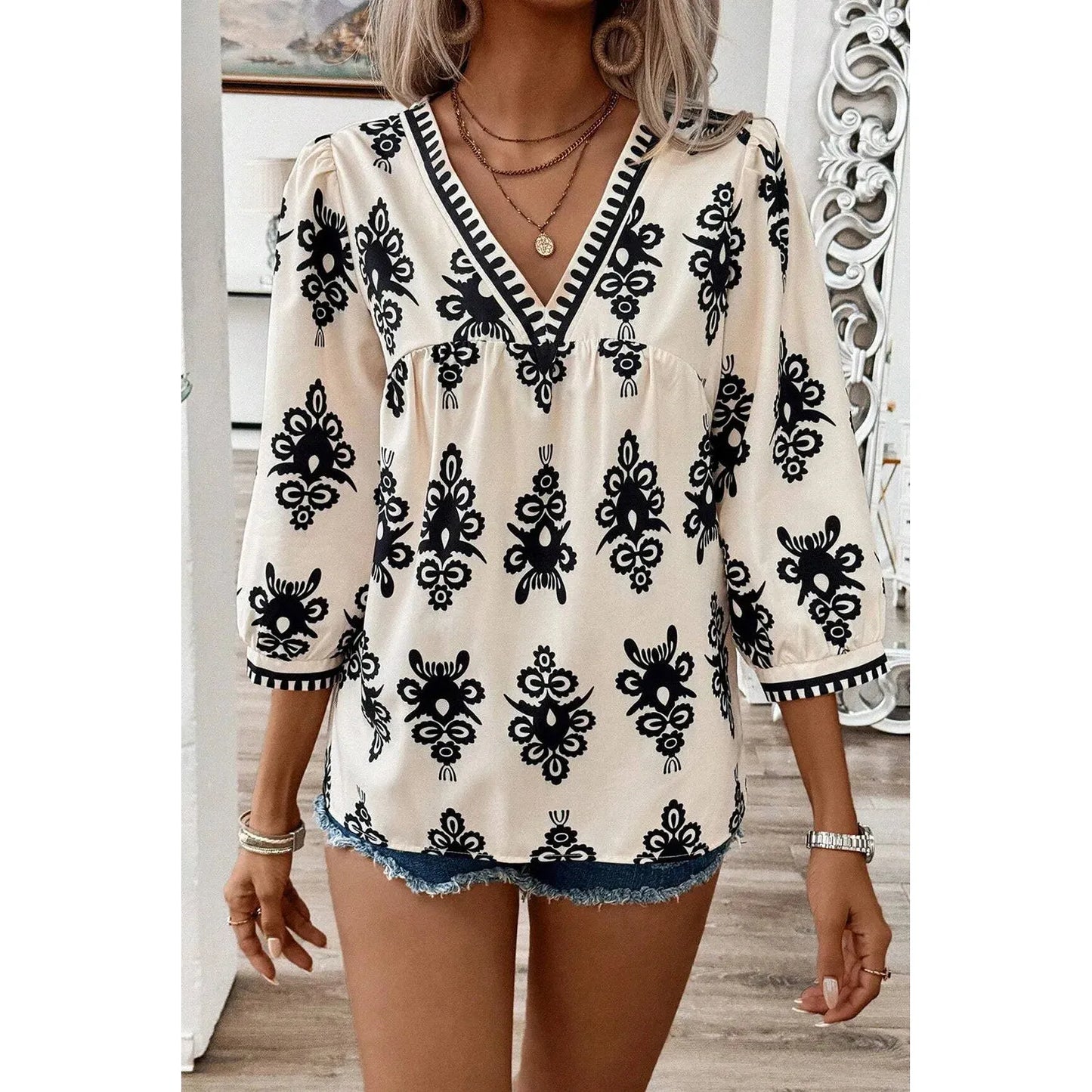 Printed V-Neck Three-Quarter Sleeve Blouse