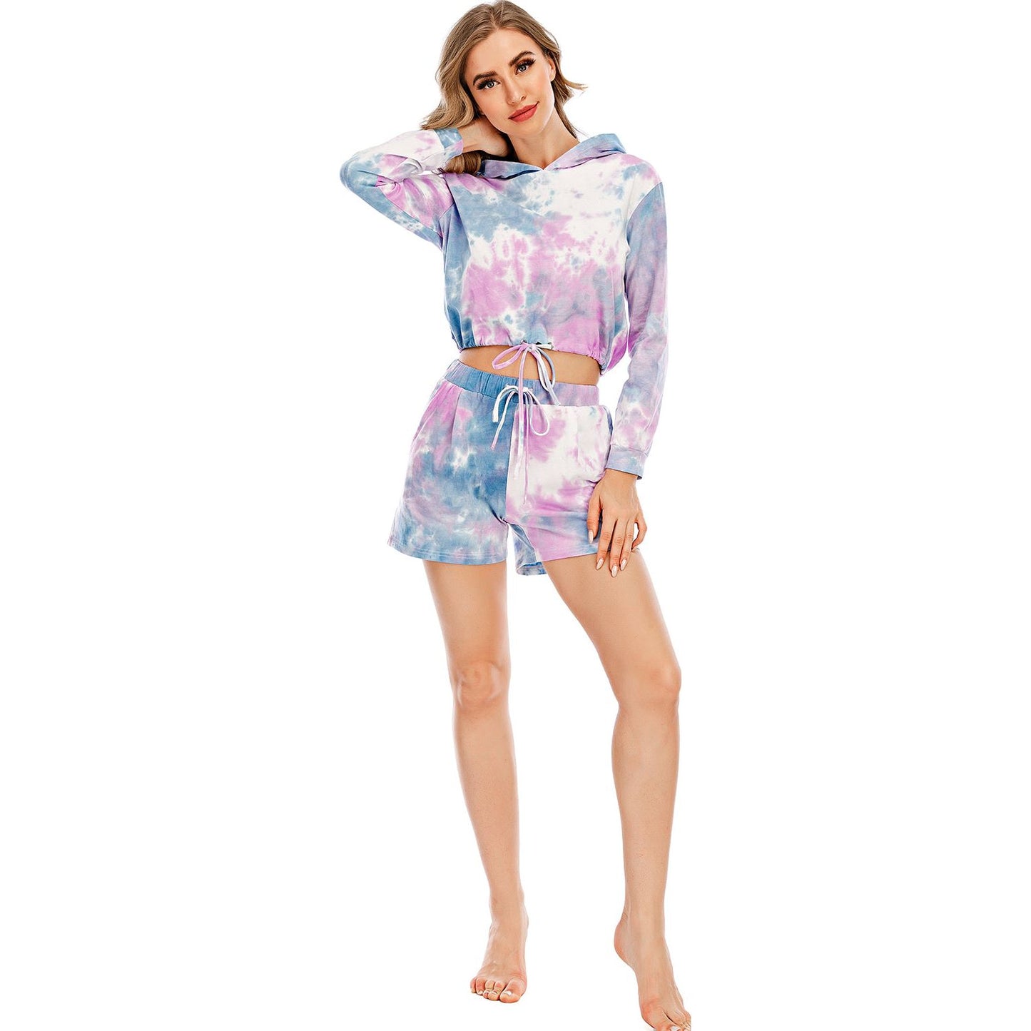 Tie-Dye Drawstring Hooded Top and Shorts Set