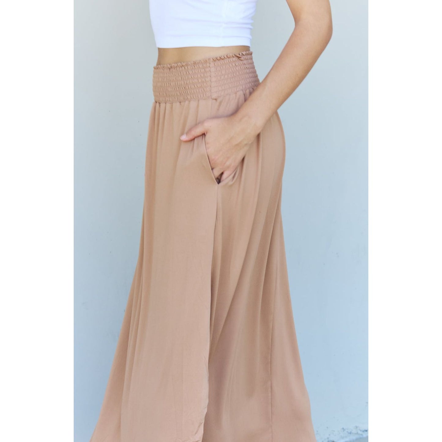 Doublju Comfort Princess Full Size High Waist Scoop Hem Maxi Skirt in Tan