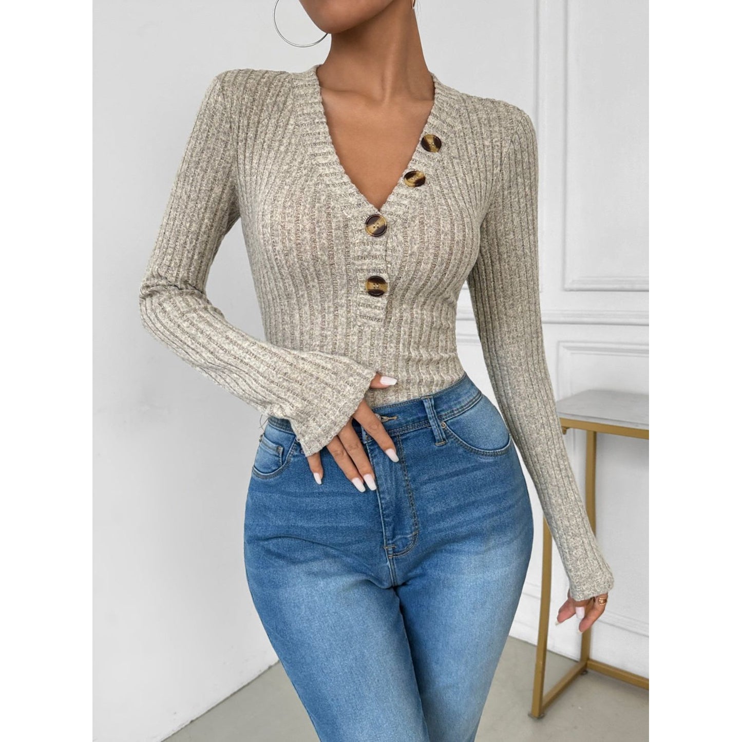 Perfee V-Neck Long Sleeve Bodysuit