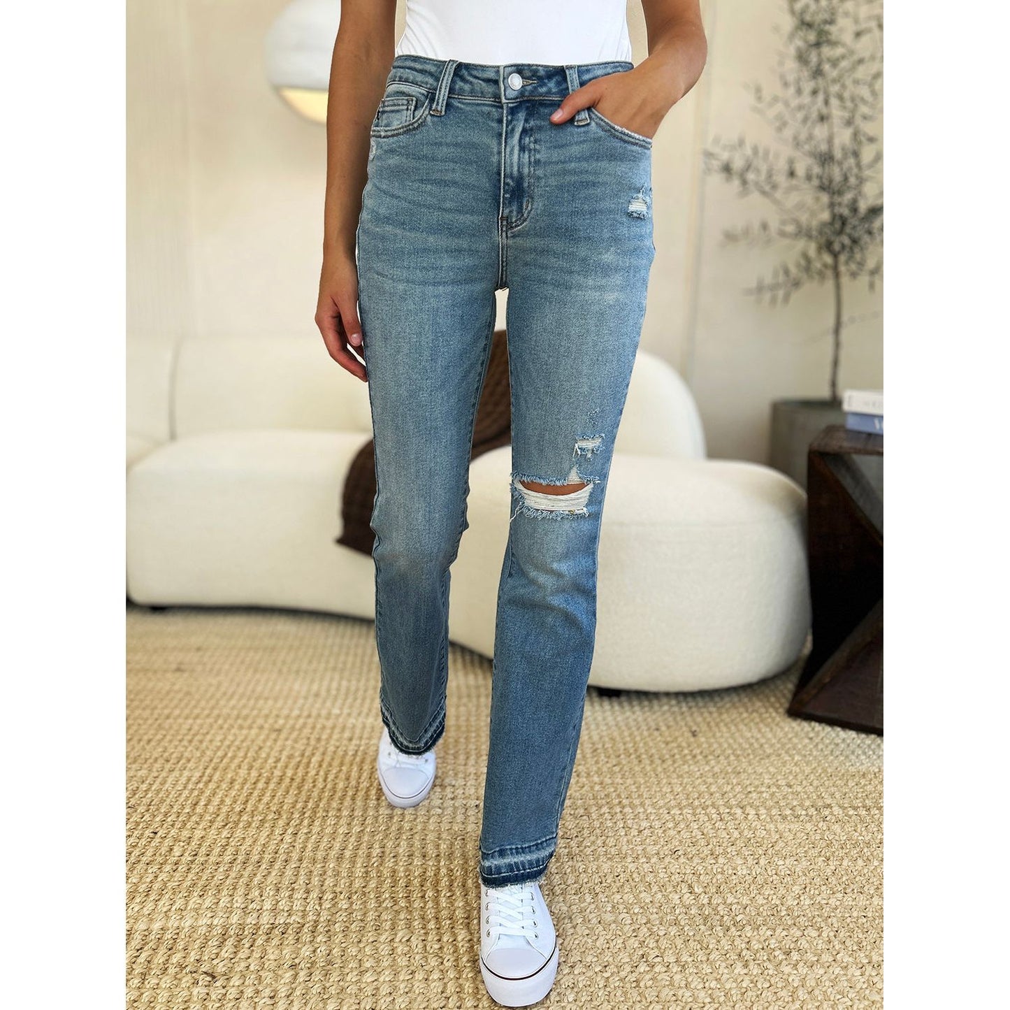 Judy Blue Full Size Mid Rise Destroyed Hem Distressed Jeans