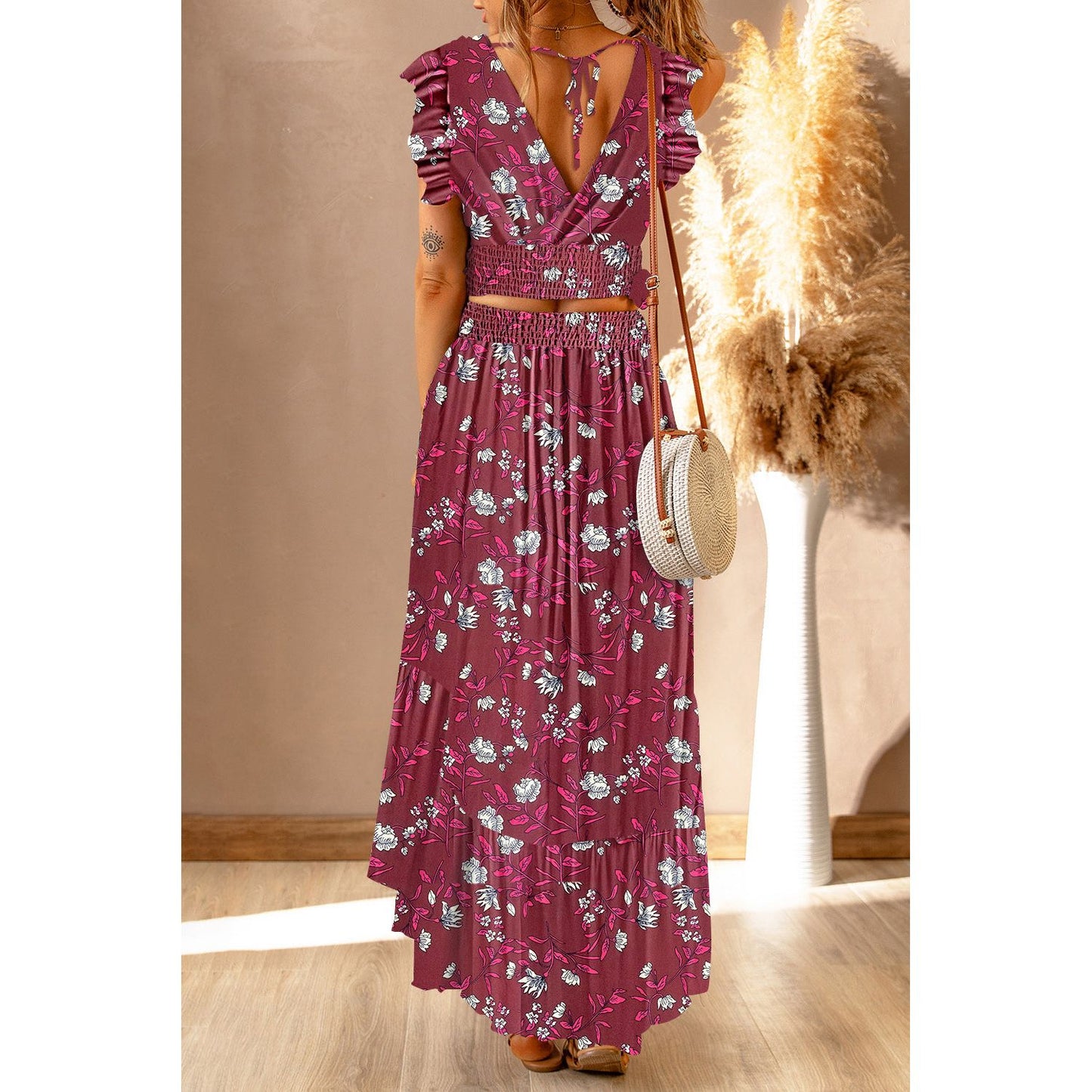 Printed Tie Back Cropped Top and Maxi Skirt Set