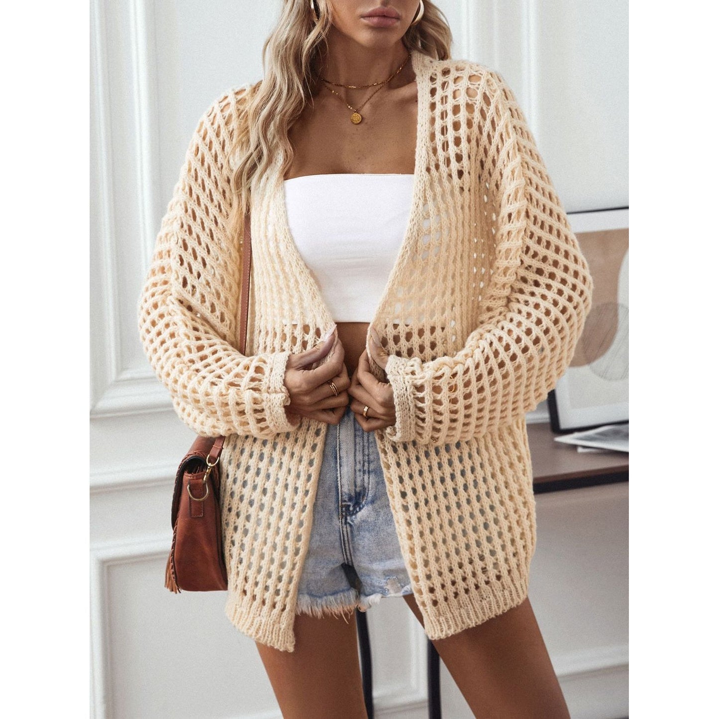 Openwork Open Front Long Sleeve Cardigan