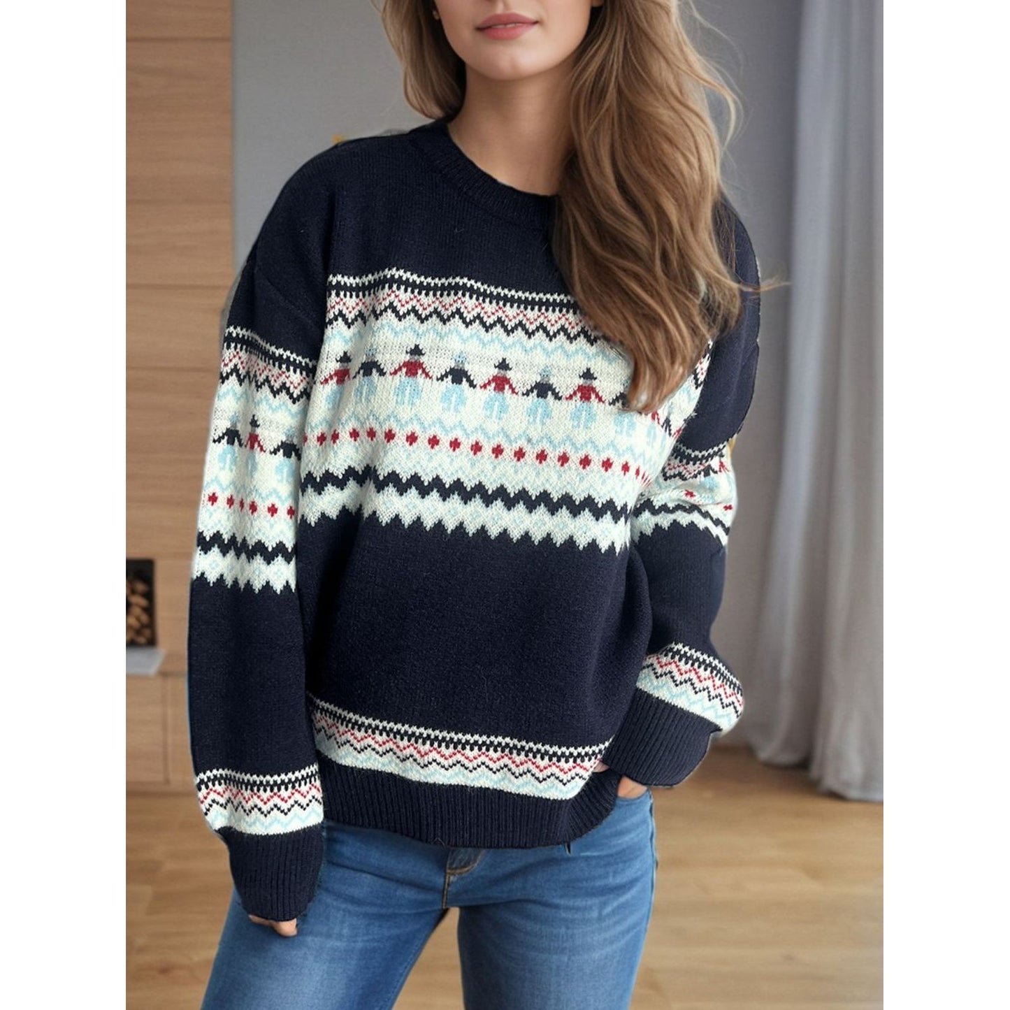 Contrast Round Neck Dropped Shoulder Sweater