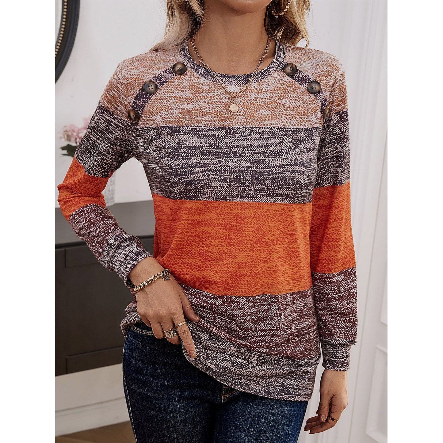 Decorative Button Contrast Round Neck Long Sleeve T-Shirt