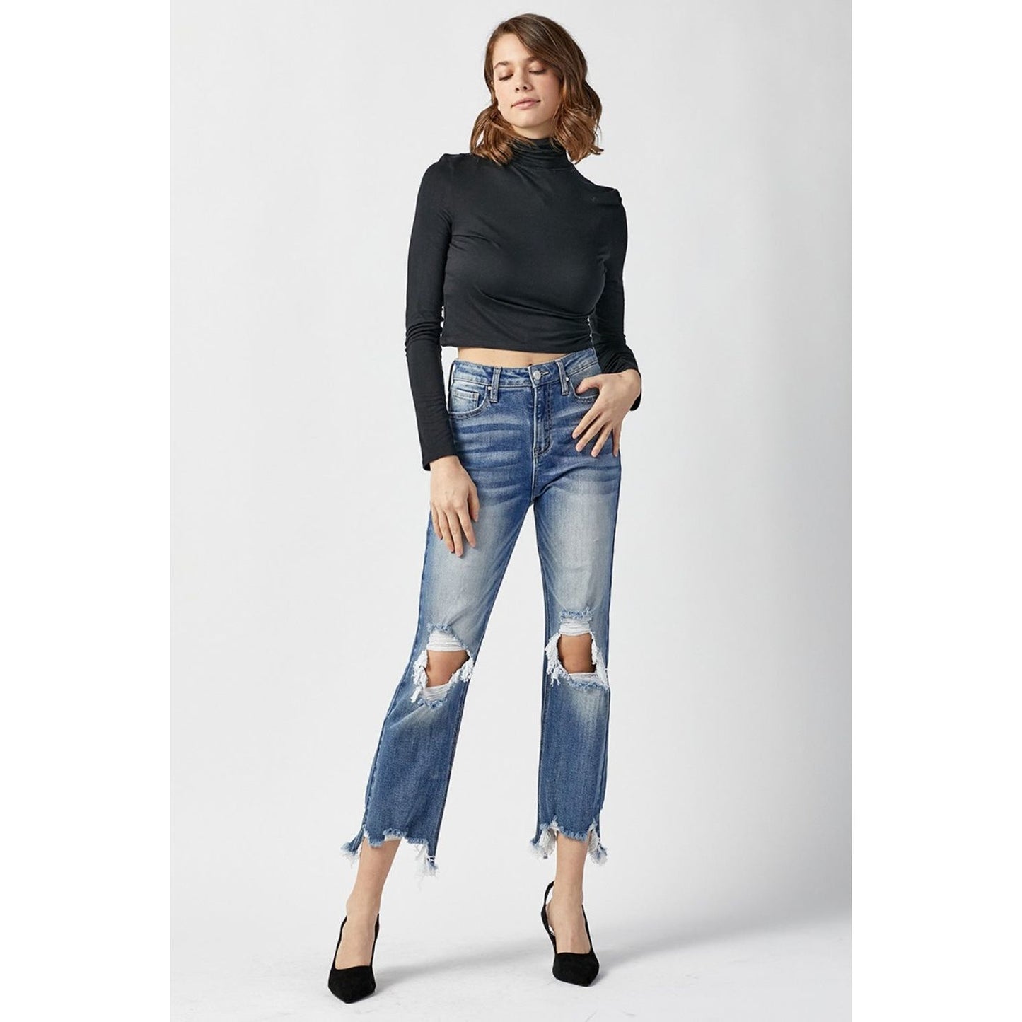 RISEN High Waist Distressed Frayed Hem Cropped Straight Jeans