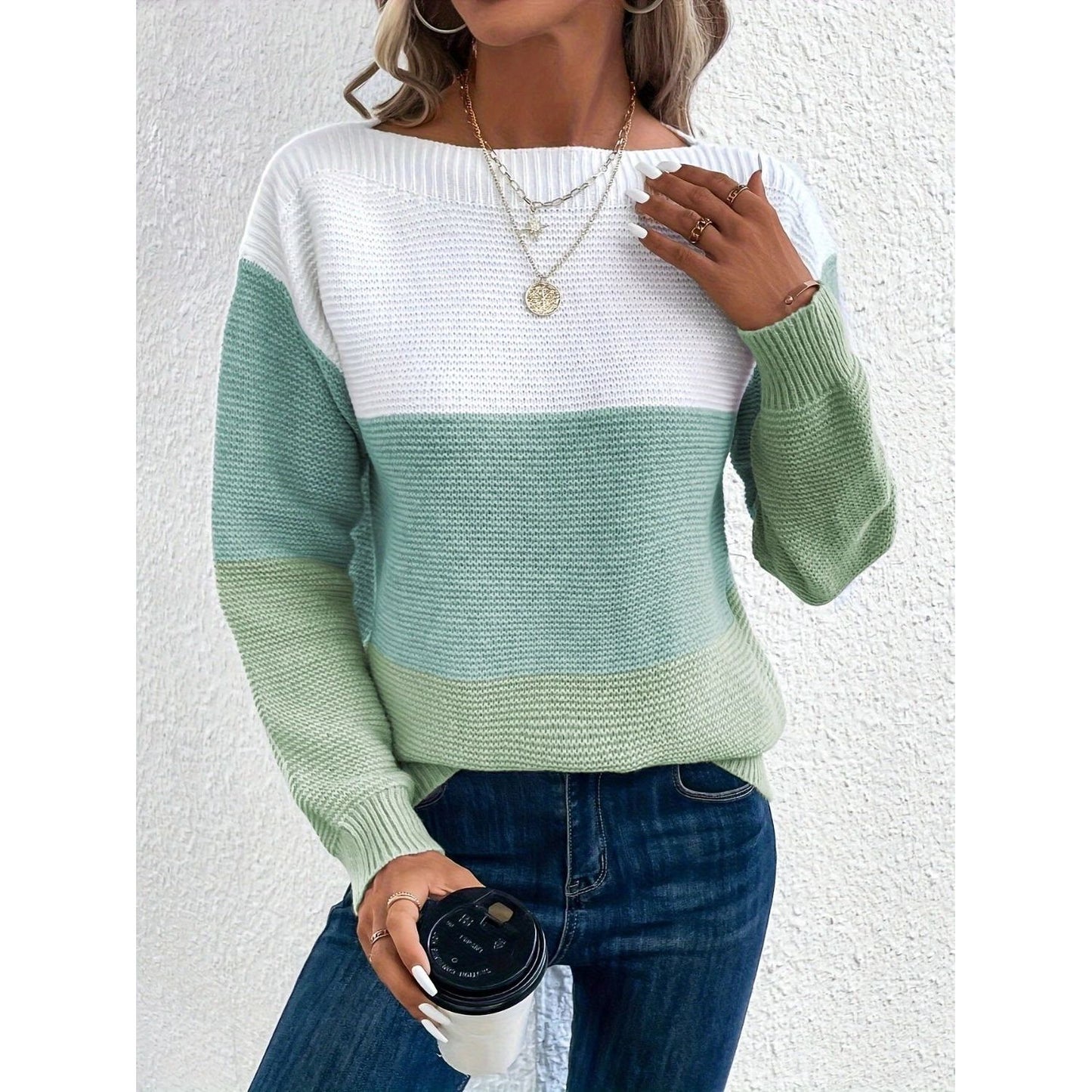 Color Block Boat Neck Sweater