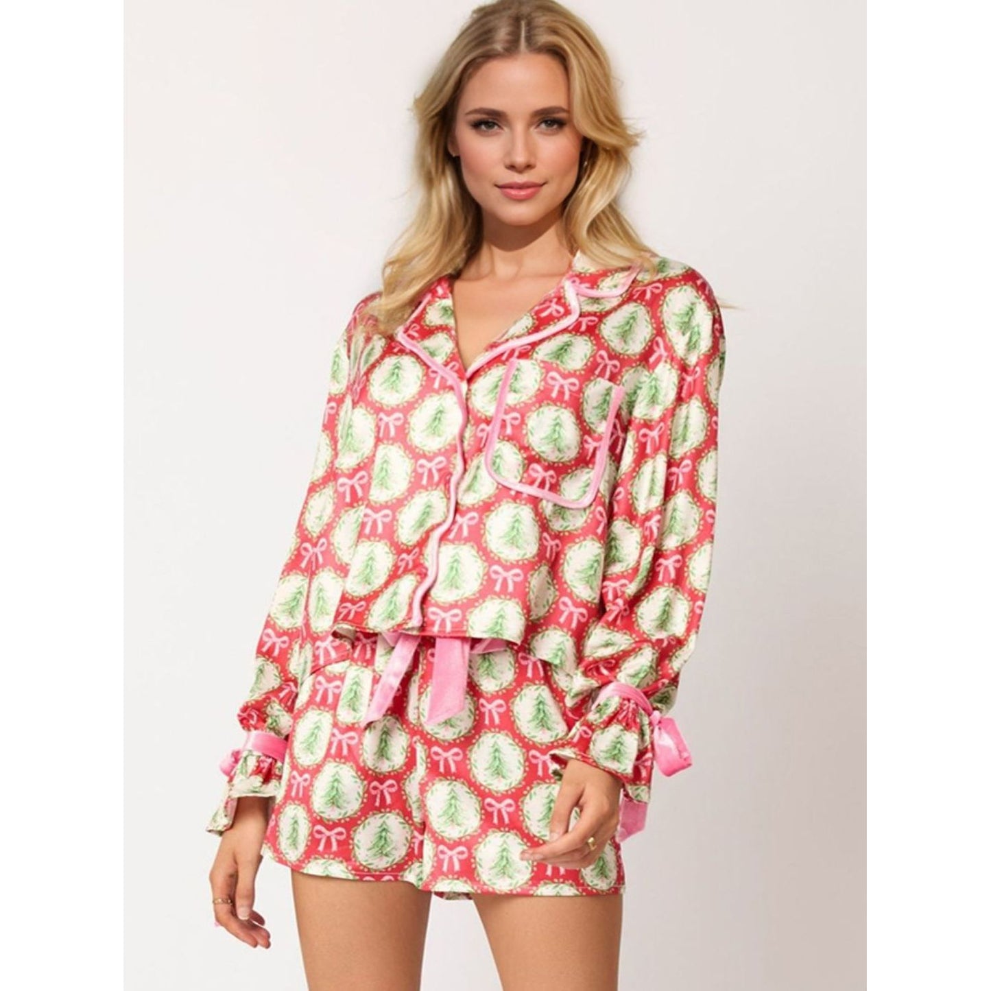 Tied Printed Collared Neck Long Sleeve Top and Shorts Set