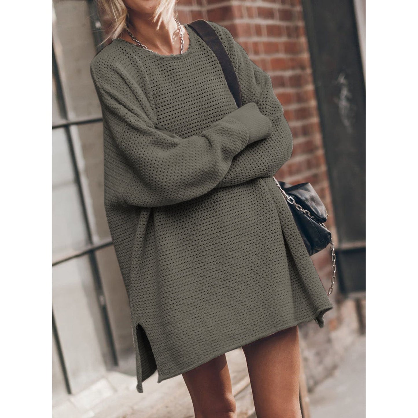 Openwork Round Neck Long Sleeve Slit Sweater