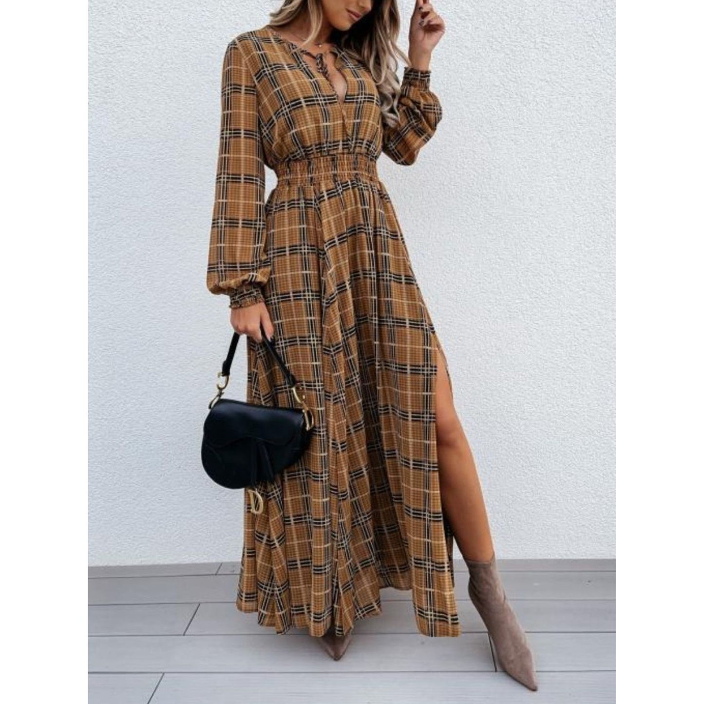 Slit Plaid Tie Neck Long Sleeve Maxi Dress