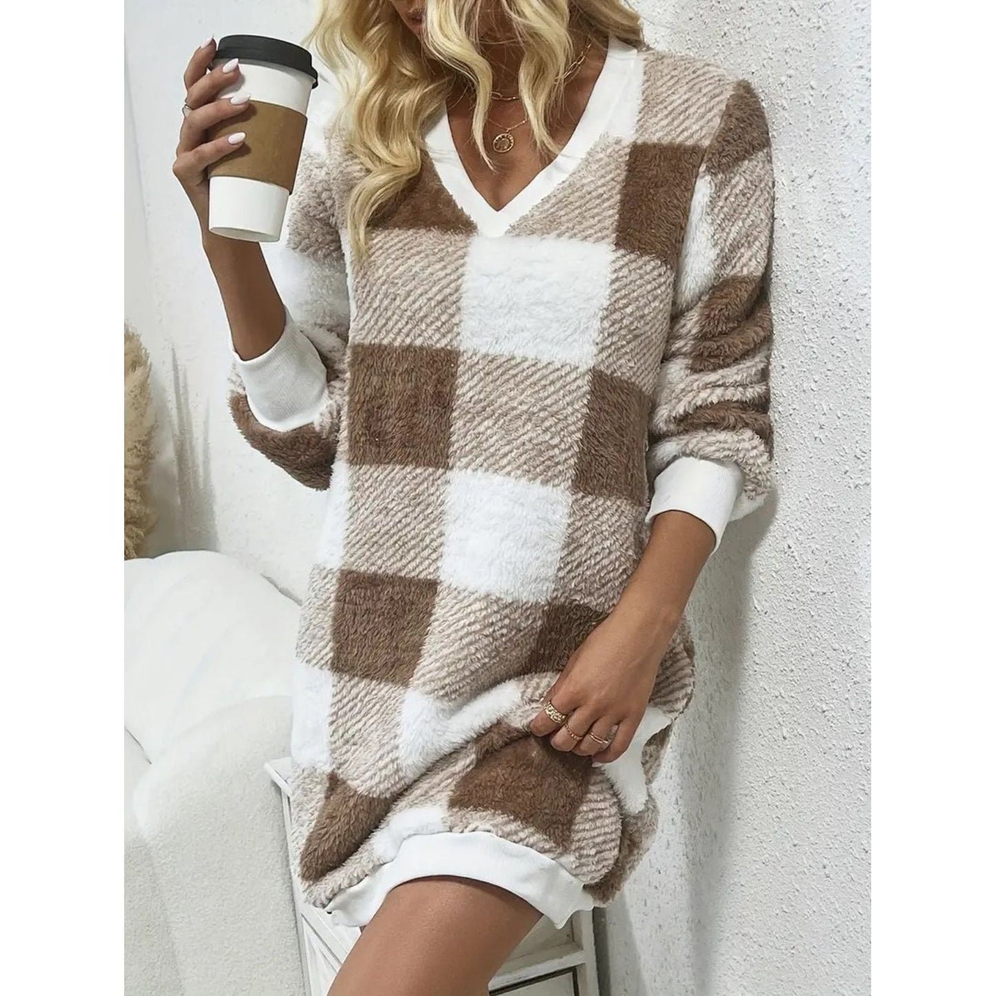 Plaid V-Neck Long Sleeve Dress